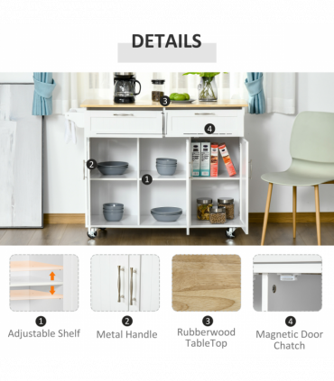 Kitchen Island Utility Cart, with 2 Storage Drawers Cabinets Dining Room White