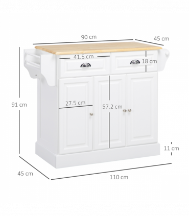 Kitchen Storage Trolley with Adjustable Shelf Rolling Kitchen Island White