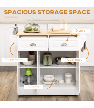 Kitchen Storage Trolley with Adjustable Shelf Rolling Kitchen Island White