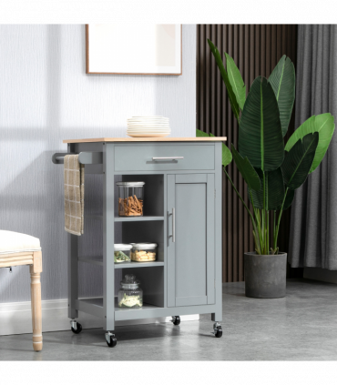 Kitchen Trolley Utility Cart on Wheels with Open Shelf & Storage Drawer Grey