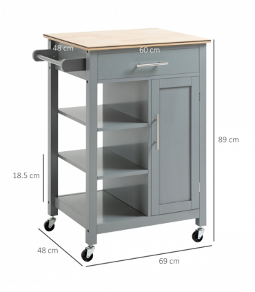 Kitchen Trolley Utility Cart on Wheels with Open Shelf & Storage Drawer Grey