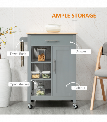 Kitchen Trolley Utility Cart on Wheels with Open Shelf & Storage Drawer Grey
