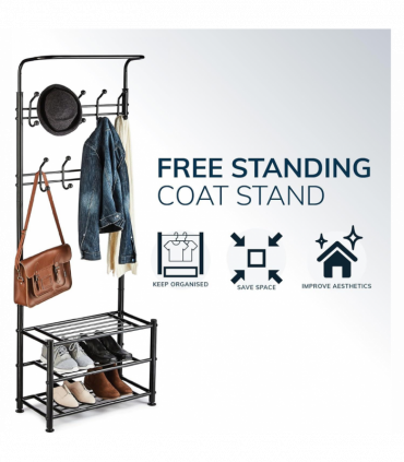 Multi Purpose Stand 18 Hooks For Clothes Shoes Hats Bags - Black