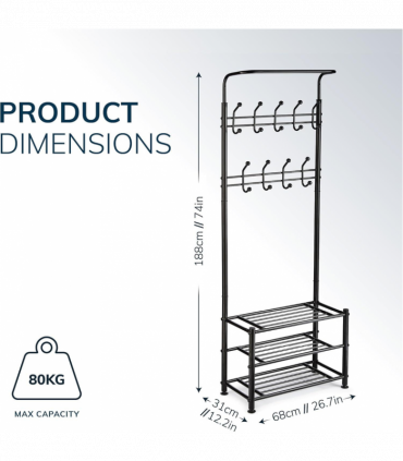 Multi Purpose Stand 18 Hooks For Clothes Shoes Hats Bags - Black