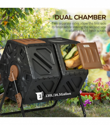 Outsunny 130L Compost Bin Dual Chamber Rotating Composter w/ Ventilation Holes