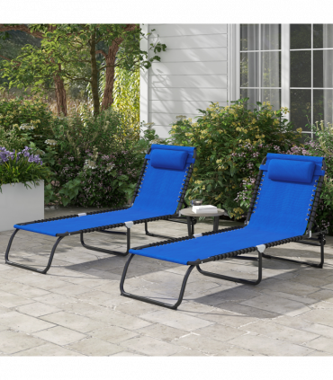 Outsunny 2 Pcs Folding Beach Chair Chaise Lounge 4 Adjustable Positions, Blue