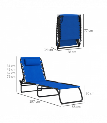 Outsunny 2 Pcs Folding Beach Chair Chaise Lounge 4 Adjustable Positions, Blue