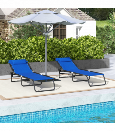Outsunny 2 Pcs Folding Beach Chair Chaise Lounge 4 Adjustable Positions, Blue