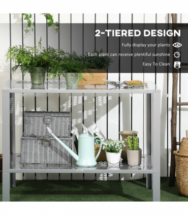 Outsunny 2-Tier Plant Stand Storage Organizer Steel Display Shelf for Patio
