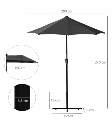 Outsunny 2m Half Garden Parasol Market Umbrella w/ Crank Handle, Base Black