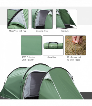 Outsunny 3 Man Camping Tent with Porch and Weather-Resistant Rainfly, Green