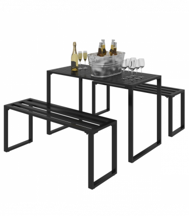 Outsunny 3 Pcs Metal Table W/Bench Set-Black