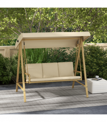 Outsunny 3 Seater Garden Swing Chair with Adjustable Canopy and Cushions, Beige