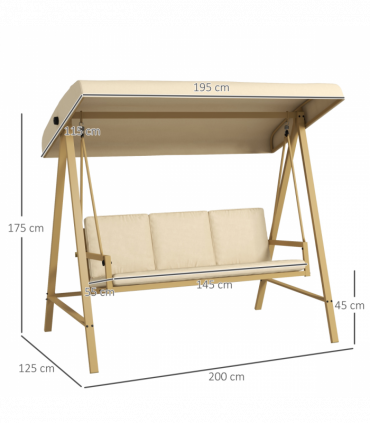 Outsunny 3 Seater Garden Swing Chair with Adjustable Canopy and Cushions, Beige
