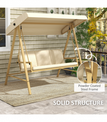 Outsunny 3 Seater Garden Swing Chair with Adjustable Canopy and Cushions, Beige