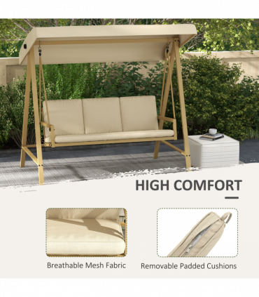 Outsunny 3 Seater Garden Swing Chair with Adjustable Canopy and Cushions, Beige