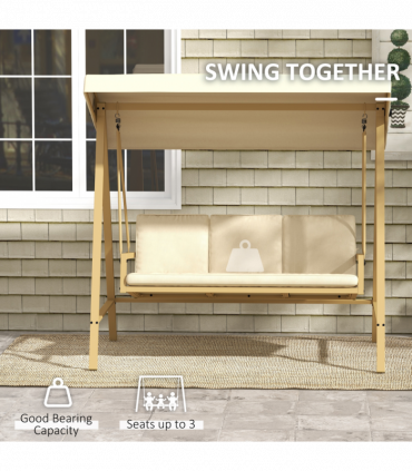 Outsunny 3 Seater Garden Swing Chair with Adjustable Canopy and Cushions, Beige