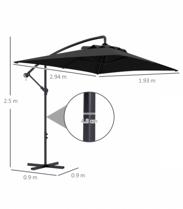 Outsunny 3 m Cantilever Parasol with Cross Base, Crank Handle, 6 Ribs, Black
