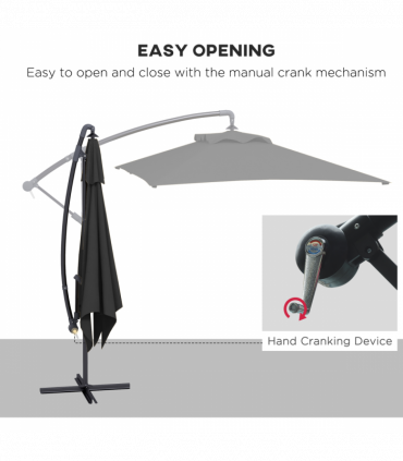 Outsunny 3 m Cantilever Parasol with Cross Base, Crank Handle, 6 Ribs, Black