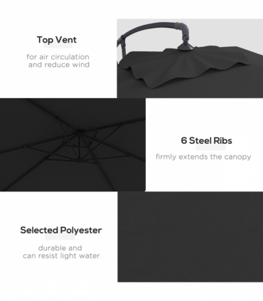 Outsunny 3 m Cantilever Parasol with Cross Base, Crank Handle, 6 Ribs, Black