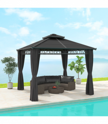 Outsunny 3 x 3 (m) Double Roof Hard Top Gazebo w/Nettings, Dark Grey