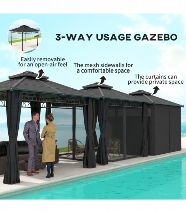 Outsunny 3 x 3 (m) Double Roof Hard Top Gazebo w/Nettings, Dark Grey
