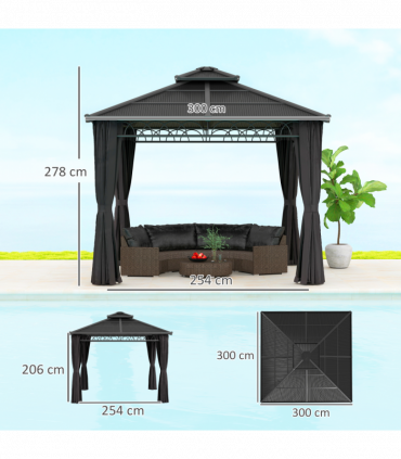 Outsunny 3 x 3 (m) Double Roof Hard Top Gazebo w/Nettings, Dark Grey