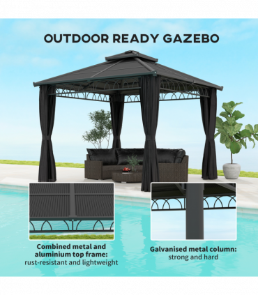 Outsunny 3 x 3 (m) Double Roof Hard Top Gazebo w/Nettings, Dark Grey