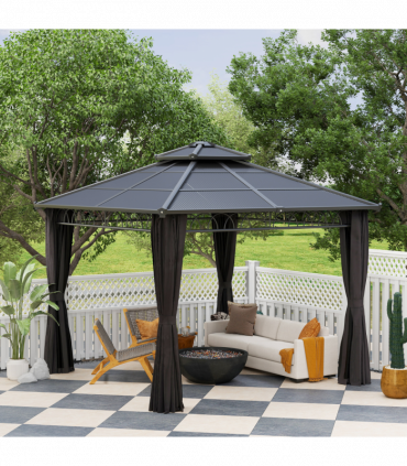 Outsunny 3 x 3 (m) Double Roof Hard Top Gazebo w/Nettings, Dark Grey