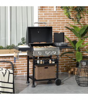 Outsunny 3+1 Burner Propane Gas Barbecue Grill with Thermometer, Bottle Opener