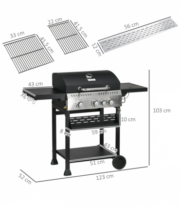 Outsunny 3+1 Burner Propane Gas Barbecue Grill with Thermometer, Bottle Opener