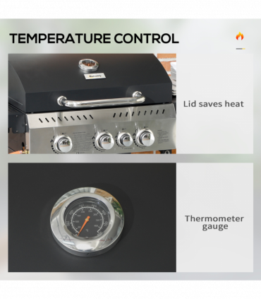 Outsunny 3+1 Burner Propane Gas Barbecue Grill with Thermometer, Bottle Opener