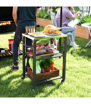 Outsunny 3-Shelf Outdoor Grill Cart, Outdoor Kitchen w/ Stainless Steel Top