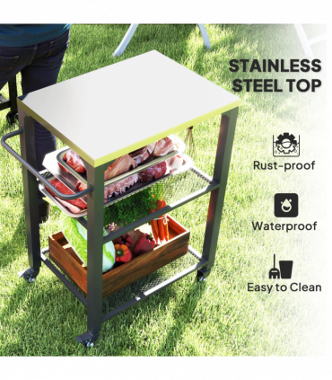 Outsunny 3-Shelf Outdoor Grill Cart, Outdoor Kitchen w/ Stainless Steel Top