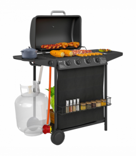 Outsunny 5 Burner Gas Barbecue Grill Portable Gas BBQ Grill with Lid, Black