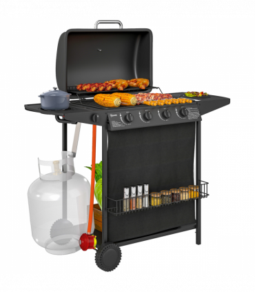 Outsunny 5 Burner Gas Barbecue Grill Portable Gas BBQ Grill with Lid, Black