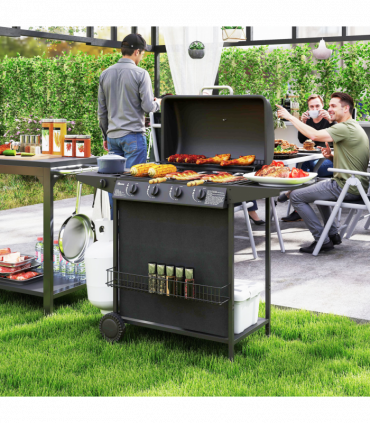 Outsunny 5 Burner Gas Barbecue Grill Portable Gas BBQ Grill with Lid, Black