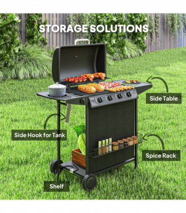 Outsunny 5 Burner Gas Barbecue Grill Portable Gas BBQ Grill with Lid, Black
