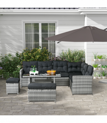 Outsunny 5 PCs Rattan Garden Furniture Set with Stools, Table, Cushion, Grey