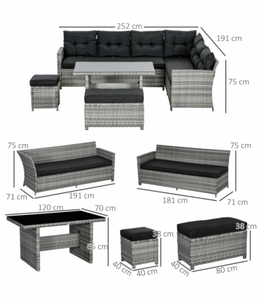 Outsunny 5 PCs Rattan Garden Furniture Set with Stools, Table, Cushion, Grey