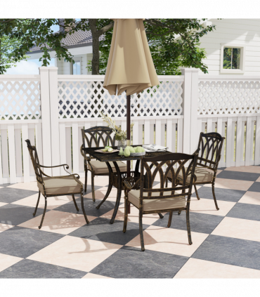 Outsunny 5 Pieces Cast Aluminium Garden Dining Set with Parasol Hole, Bronze