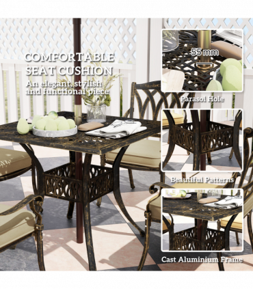 Outsunny 5 Pieces Cast Aluminium Garden Dining Set with Parasol Hole, Bronze