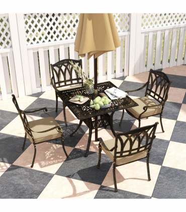 Outsunny 5 Pieces Cast Aluminium Garden Dining Set with Parasol Hole, Bronze