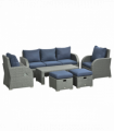 Outsunny 6pc Padded Outdoor Rattan Wicker 3-Seat Sofa Recliner Footstool Table