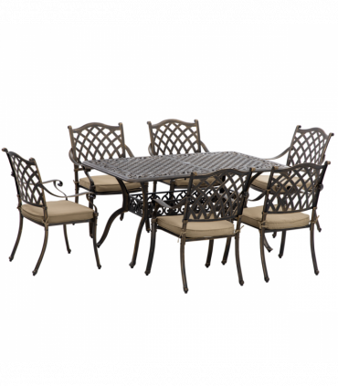 Outsunny 7-PC Cast Aluminum Patio Dining Set w/ Umbrella Hole & Cushion, Bronze