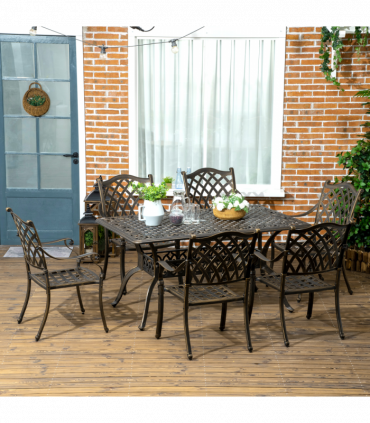 Outsunny 7-PC Cast Aluminum Patio Dining Set w/ Umbrella Hole & Cushion, Bronze