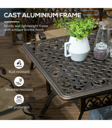 Outsunny 7-PC Cast Aluminum Patio Dining Set w/ Umbrella Hole & Cushion, Bronze