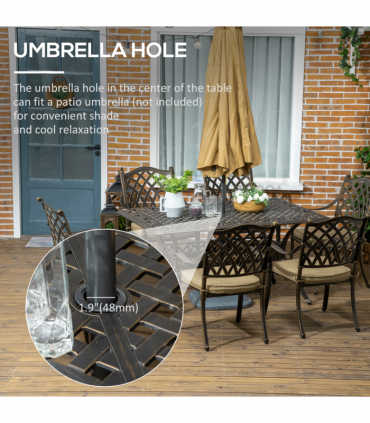 Outsunny 7-PC Cast Aluminum Patio Dining Set w/ Umbrella Hole & Cushion, Bronze