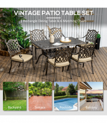Outsunny 7-PC Cast Aluminum Patio Dining Set w/ Umbrella Hole & Cushion, Bronze