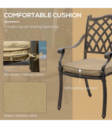 Outsunny 7-PC Cast Aluminum Patio Dining Set w/ Umbrella Hole & Cushion, Bronze